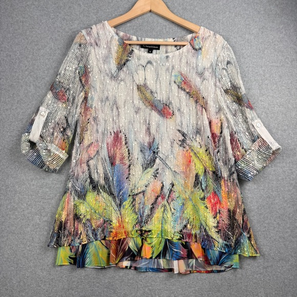 Creation Tops - Creation Top Womens Medium Rainbow Feather Sequin Roll Tab Mesh Artsy Tunic NEW